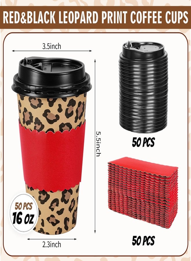 Whaline 50Pcs 16Oz Cheetah Print Leopard Party Disposable Coffee Cups with Lids and Sleeves Jungle Safari Leopard Paper Drinking Cup for Birthday Baby Shower Party Supplies - Image 2